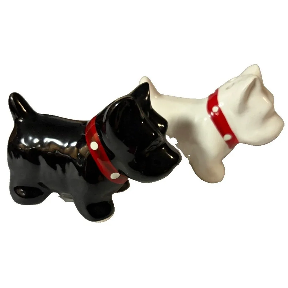 Vintage Japan Scottie Dog Salt Pepper Shakers Black White Red Polka Dot Bow